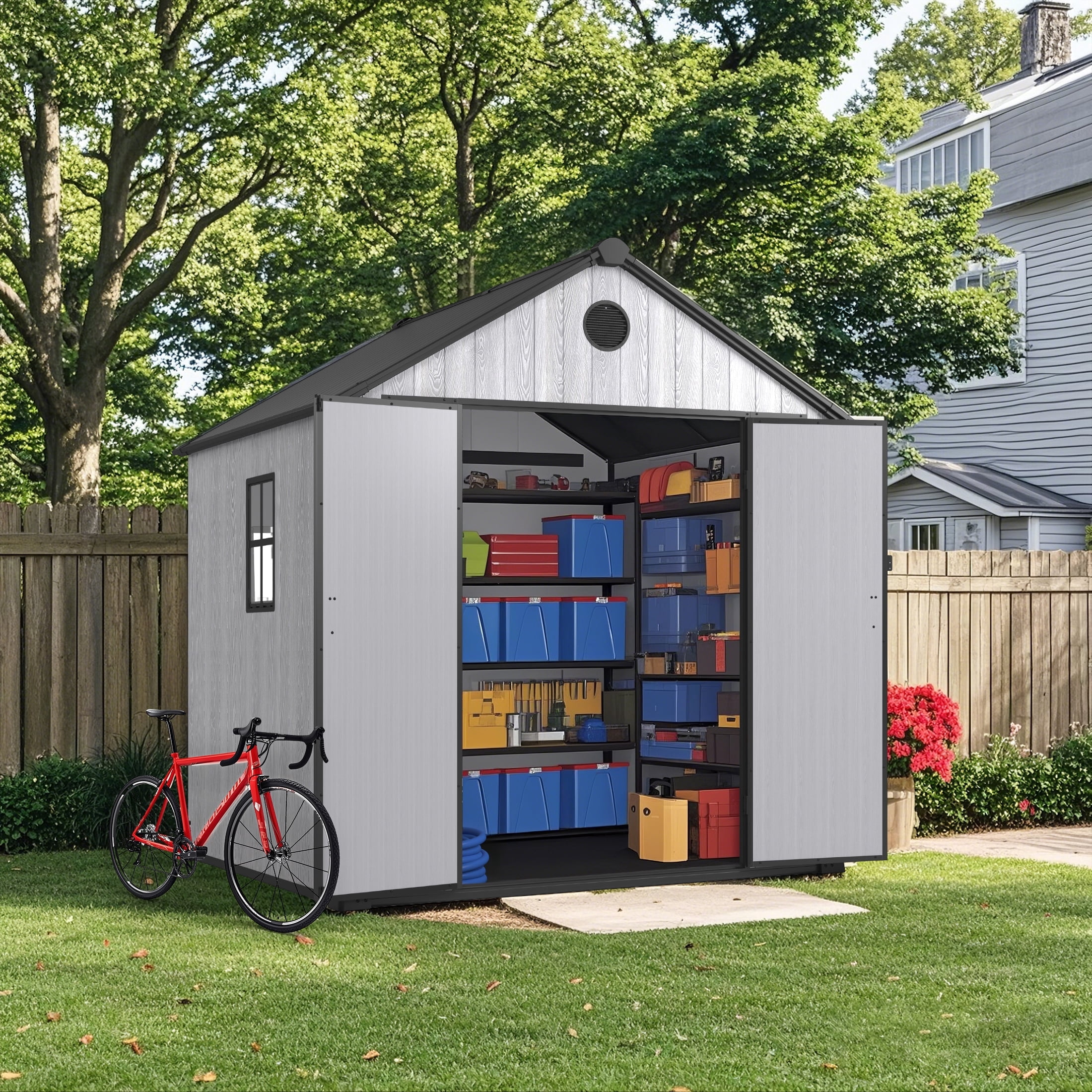 Enyopro 8×8 FT Storage Shed, Large Walk-in Outdoor Storage Shed, Heavy-Duty Resin Shed with Lockable Double Doors, Reinforced Roof, Windows & Floor, Weatherproof Garden Shed for Backyard Patio, Gray