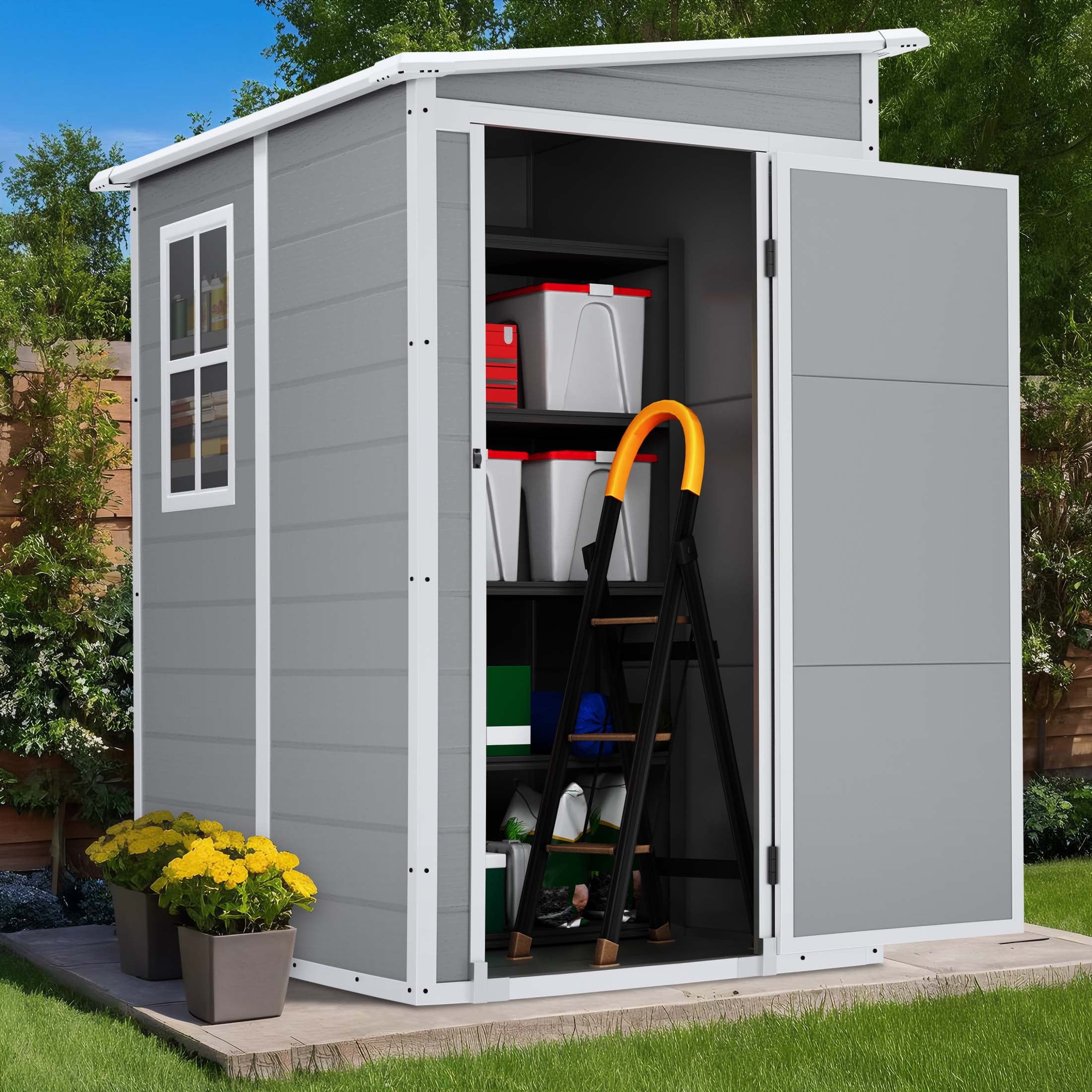 Enyopro 5 x 4FT Outdoor Storage, All-Weather Plastic Resin shed, Utility Tool Large Shed with Dual Lockable Doors for Patio Backyard Lawn, Dark Gray