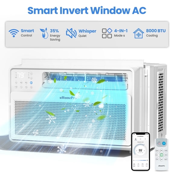 Uhomepro 8000 BTU Smart Inverter Window Air Conditioner, Cools 450 Sq.Ft with 4 Modes, Washable Filter, 35% Energy Saving, App/Remote and LED Control, 42 dB Noise for Living Room, Easy to Install