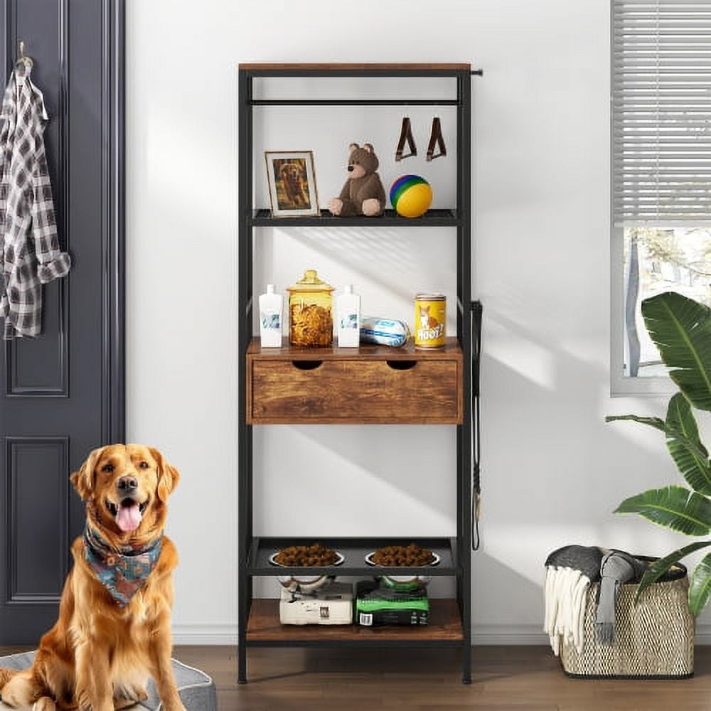 Enyopro Adjustable Height Dog Feeding Station with Storage Cabinet, Elevated Pet Feeder with 2 Stainless Steel Bowls, Side Hooks, and Anti-Tip Design, Black