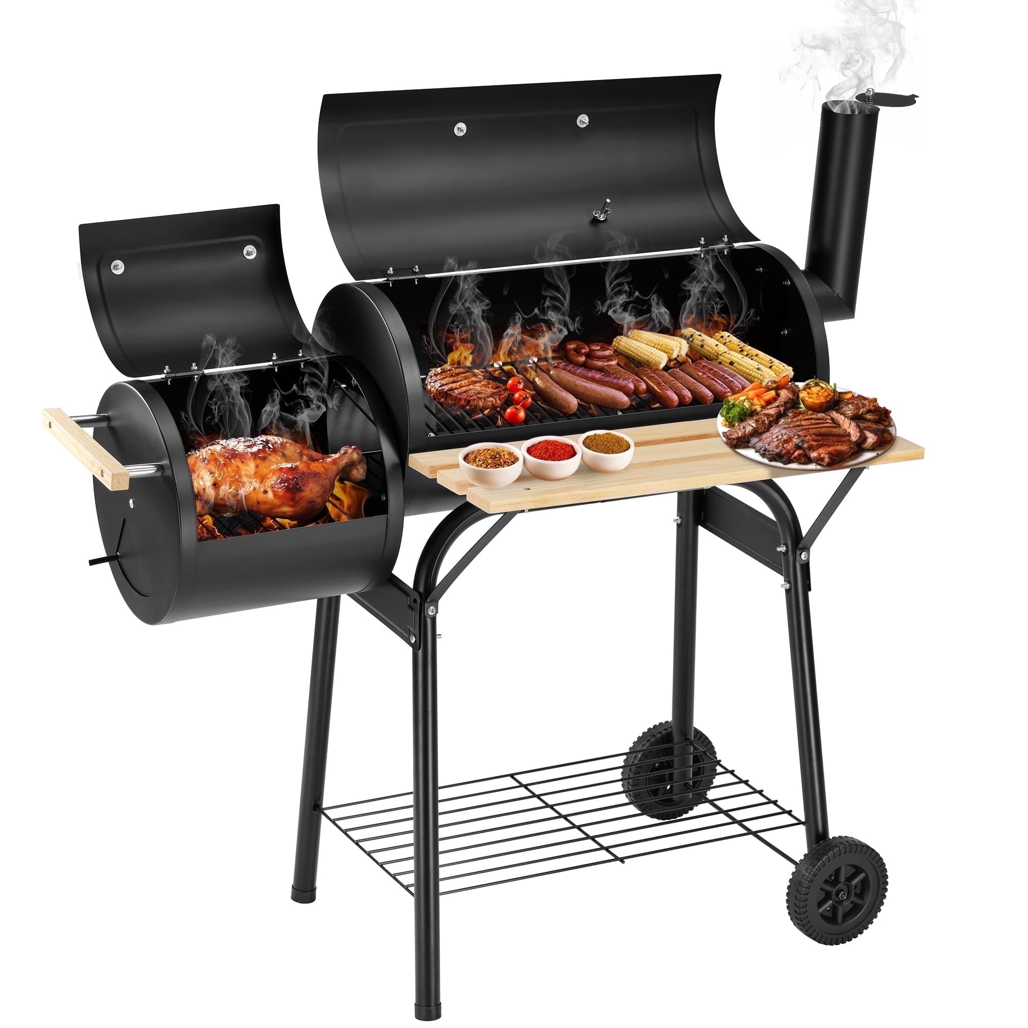 Grill, Enyopro Charcoal Grill, Portable BBQ Grill & Smoker Combo, with Offset Smoker and Wood Shelf, Thermometer, Wheels, for Outdoor Picnic, Patio, Backyard, Camping