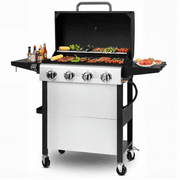 Enyopro Gas Grill, 4-Burner Propane Gas Grill, 40,00BTU Stainless Steel BBQ Grill With Foldable Side Table, Hanging Basket, for Outdoor Camping Barbecue