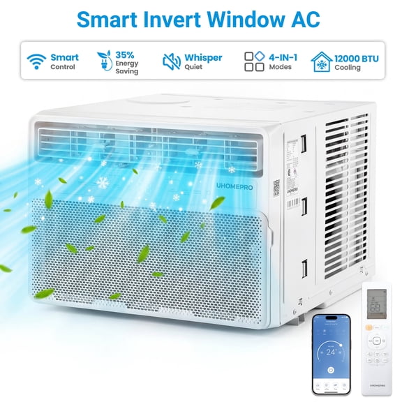 Uhomepro 12000 BTU Smart Inverter Window Air Conditioner, Cools 550 Sq.Ft with 4 Modes, Washable Filter, 35% Energy Saving, App/Remote and LED Control, 52 dB Noise for Living Room, Easy to Install
