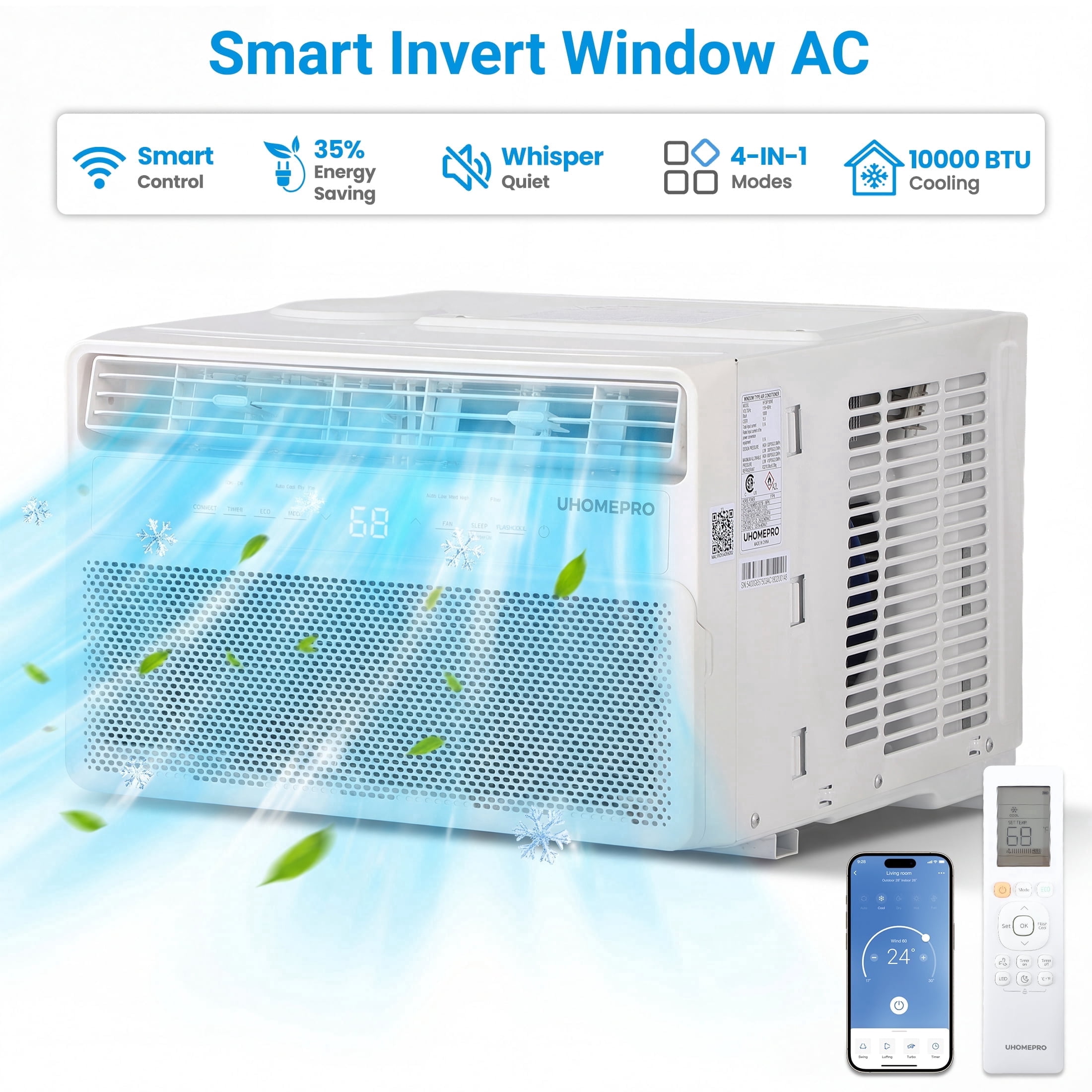 Uhomepro 10000 BTU Smart Inverter Window Air Conditioner, Cools 450 Sq.Ft with 4 Modes, Washable Filter, 35% Energy Saving, App/Remote and LED Control, 52 dB Noise for Living Room, Easy to Install