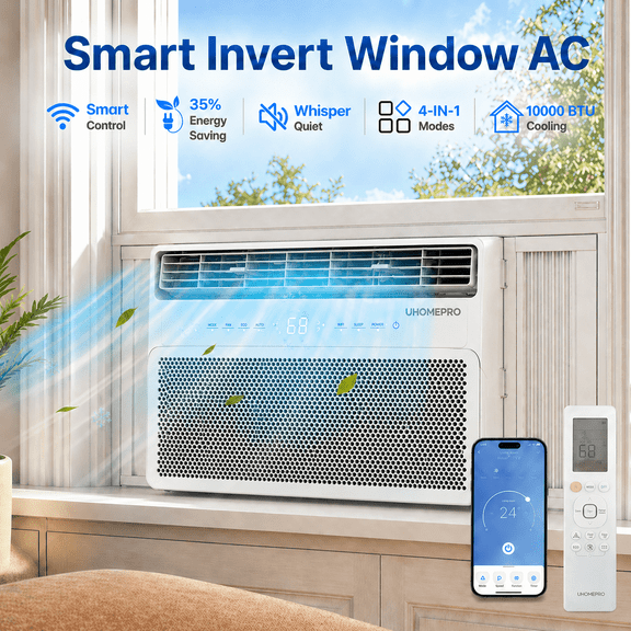 10000 BTU Smart Window Air Conditioner, Cools 450 Sq.Ft with 4 Modes, Washable Filter, 35% Energy Saving, App/Remote and LED Control, 52 dB Noise for Living Room, Easy to Install