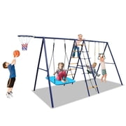 Enyopro Swing Set for Outside, 6 in 1 Swing Set With Climbing Ladder, Climbing Net, Trapeze bar, Hammock Swing, Belt Swing, Basketball hoop for Backyard