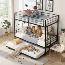 Enyopro Twin Bunk Bed with Trundle, Metal Bed Frame Bunk Beds for Teens Adult with Ladder and Safety Guardrails, Twin over Twin Bunk Bed Can be Split into 3 Twin Bed, TE736