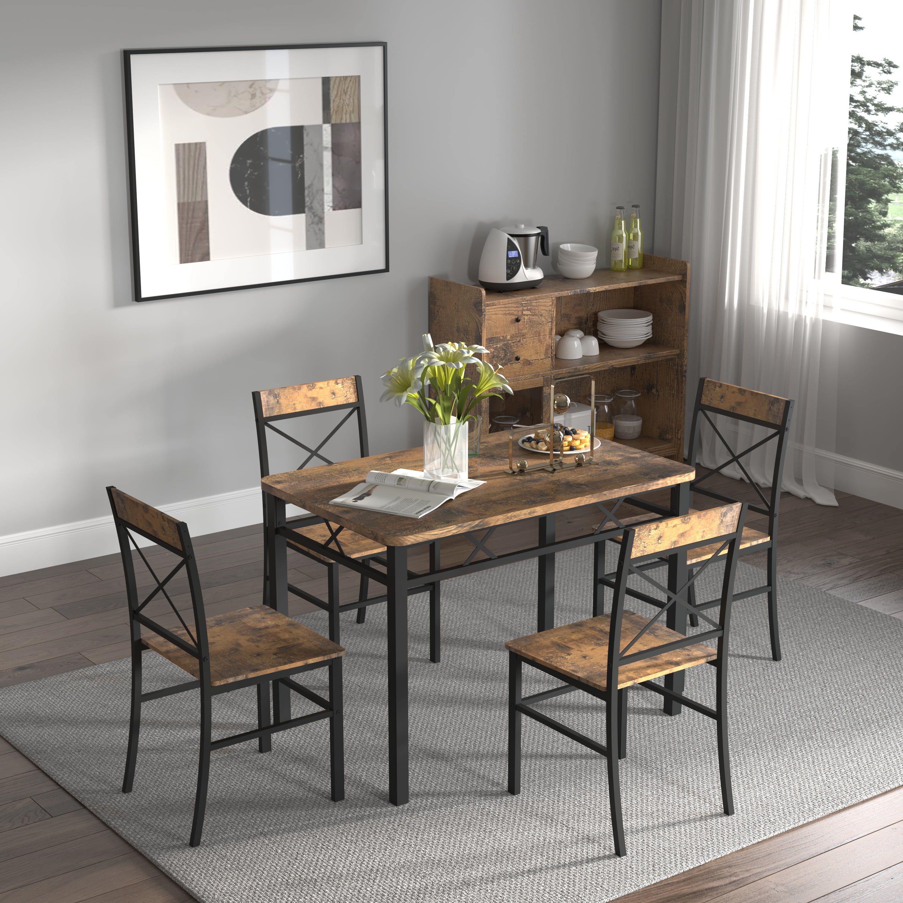 Enyopro 5-Piece Dining Table Set for 4, Rustic Brown Wood Kitchen Table ...