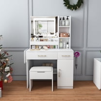 Enyopro Vanity Desk with LED Mirror and Power Outlet, Makeup Dressing Table with 3 Drawers, 7 Shelves and Storage Stool, Vanity Table for Girls and Women, White