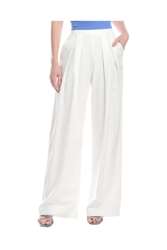 womens Twill Pleated Wide Leg Linen-Blend Pant, 2, White