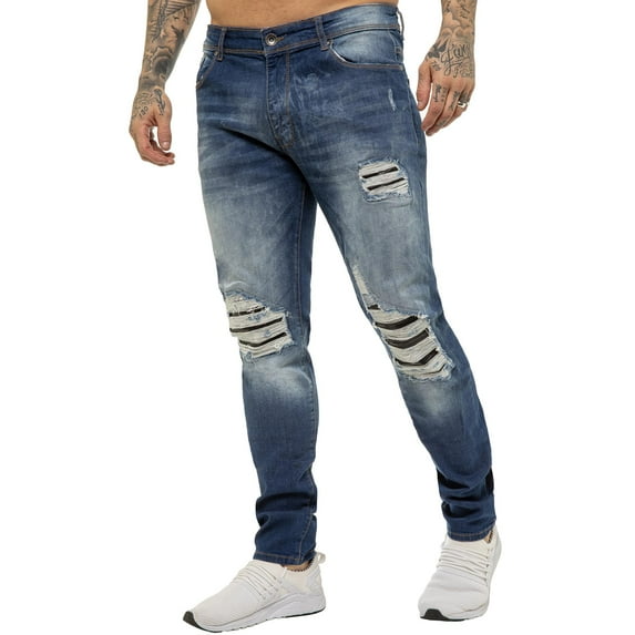 Enzo Mens Skinny Ripped Jeans Stretch Denim Trousers