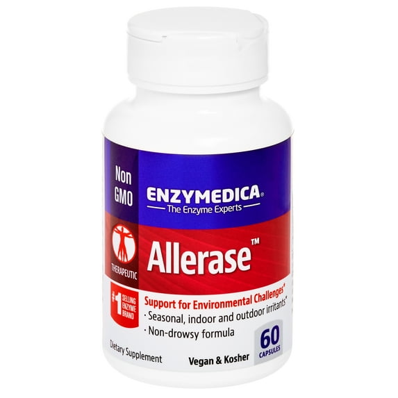 Enzymedica, Allerase, Non-Drowsy Enzyme Supplement to Help Relieve Seasonal Mucus Buildup, Vegan, Kosher, 60 capsules (60 servings)