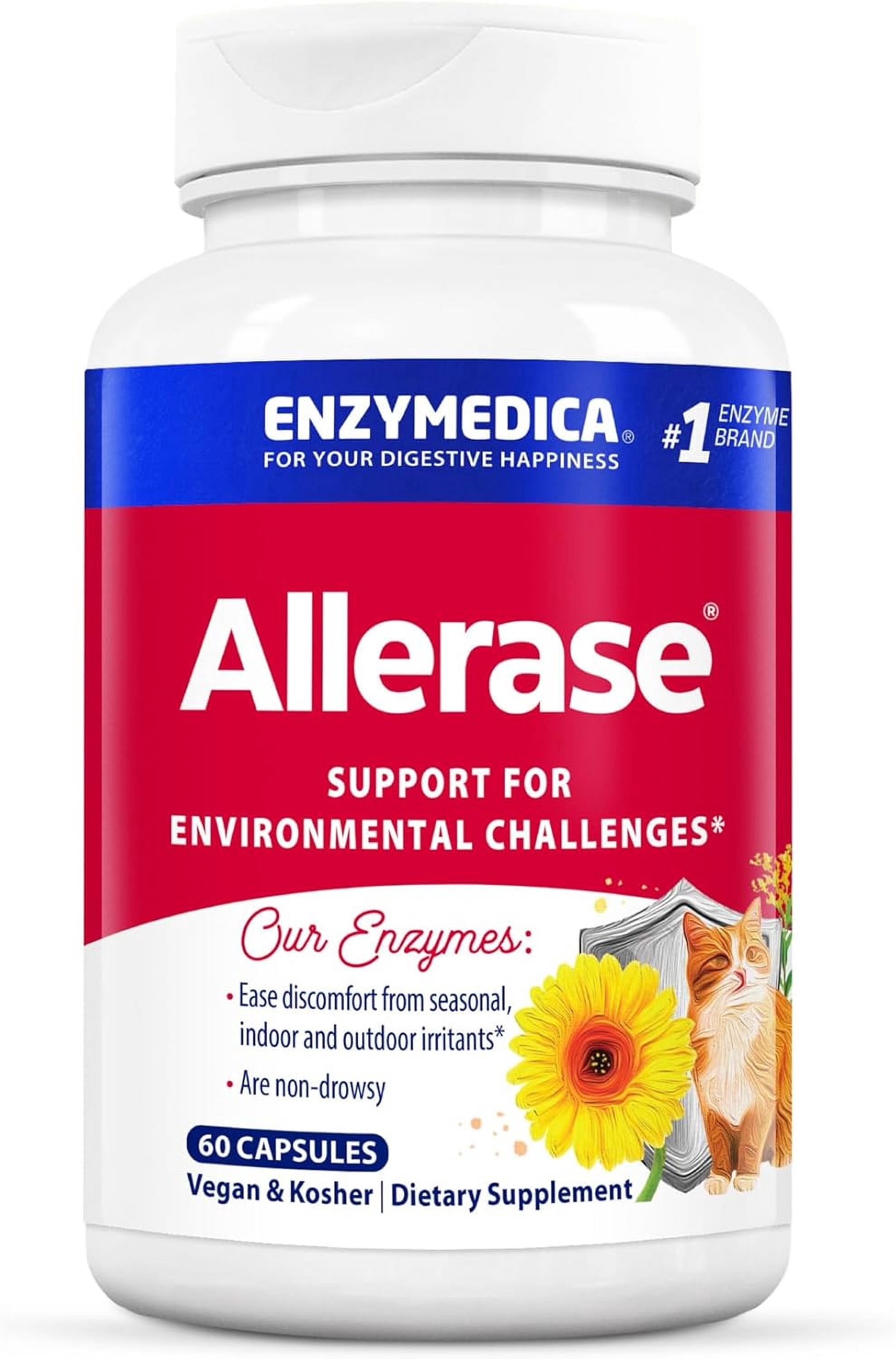 Enzymedica, Allerase, Non-Drowsy Enzyme Supplement to Help Relieve Seasonal Mucus Buildup, Vegan, Kosher, 60 capsules (60 servings)