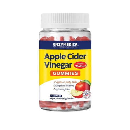 Enzymedica, Apple Cider Vinegar Gummies, Made with The Mother, 12 Organic, USA-Grown Apples per Bottle,1000 mcg Vitamin B12 per Serving, Natural Apple, 74 Count