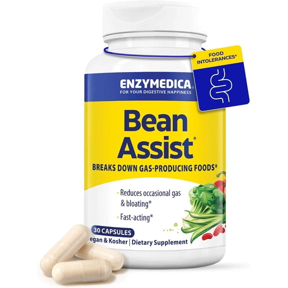 Enzymedica, BeanAssist, Rapid Response Enzyme Support to Help Relieve Occasional Gas, Bloating, and Discomfort, 30 Capsules