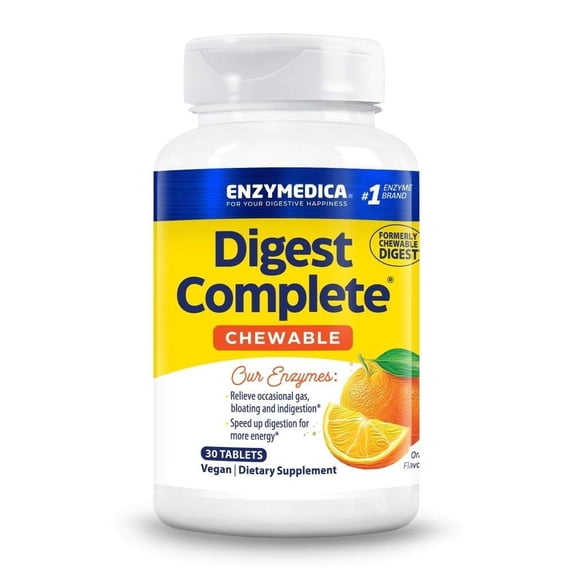 Enzymedica - Digest Complete Chewables, Digestive Support to Help Relieve Occasional Gas, Bloating, and Indigestion, Orange Flavor, 30 Tablets
