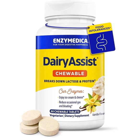 Enzymedica DairyAssist Chewable, Digestive Enzymes for Men & Women - Lactose Intolerance Support Supplement with Lactase, Helps Reduce Gas & Bloating, Gluten Free - 60 Tablets