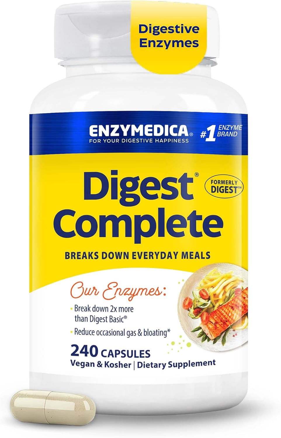 Enzymedica Digest Complete, Digestive Enzyme Supplement for Men & Women, Support for Gut Health, Eases Gas & Bloating, Vegan & Kosher- 240 Capsules