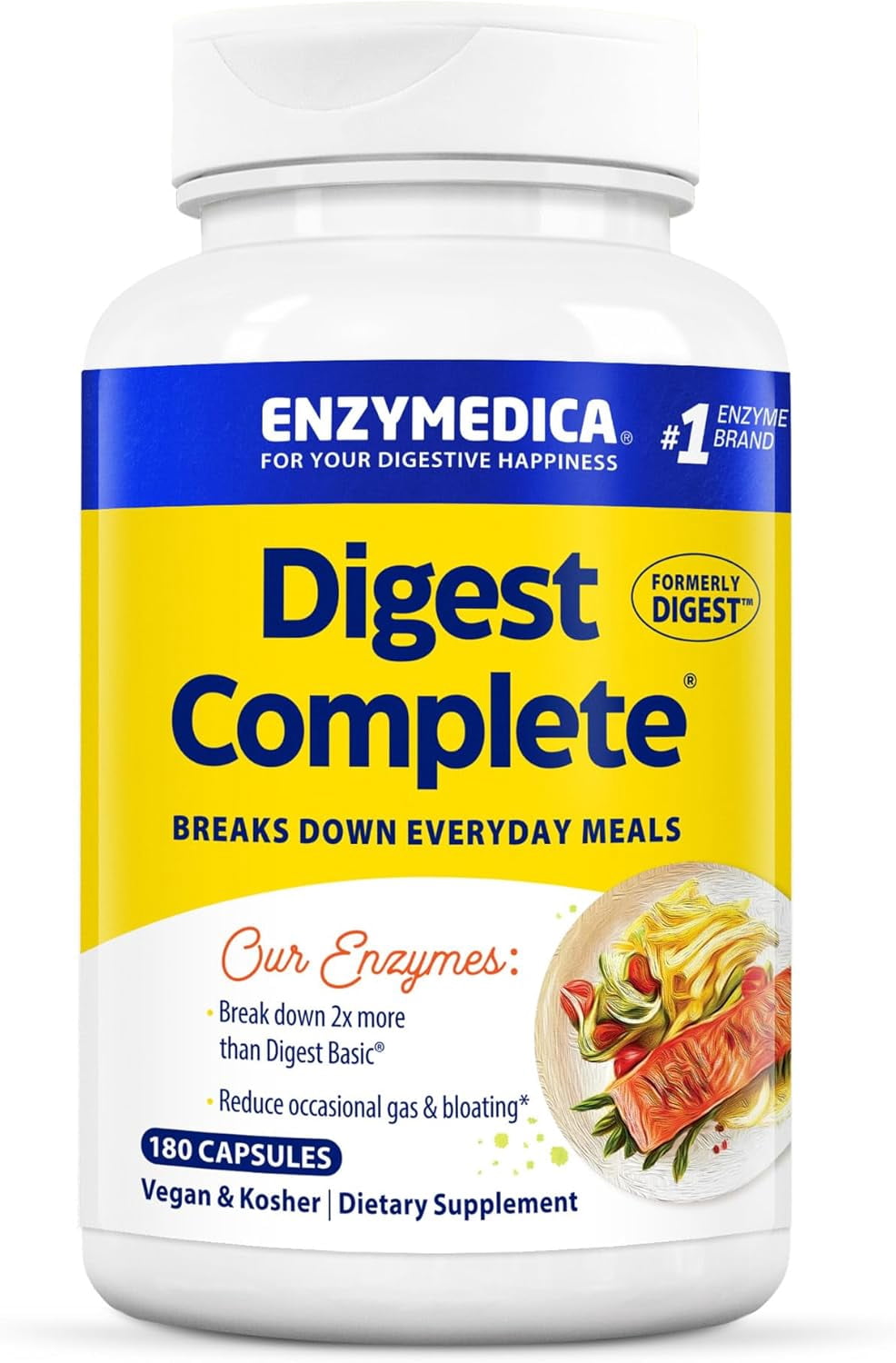 Enzymedica Digest Complete, Digestive Enzyme Supplement for Men & Women, Support for Gut Health, Eases Gas & Bloating, Vegan & Kosher- 180 Capsules