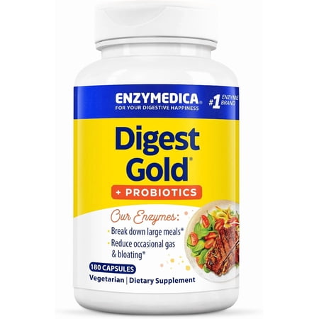 Enzymedica Digest Gold + Probiotics, 2-in-1 Digestive Enzymes & Probiotic Support, Promotes Gut Health with 1 Billion Active Cultures, 180 Capsules