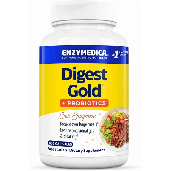 Enzymedica Digest Gold + Probiotics, 2-in-1 Digestive Enzymes & Probiotic Support, Promotes Gut Health with 1 Billion Active Cultures, 180 Capsules