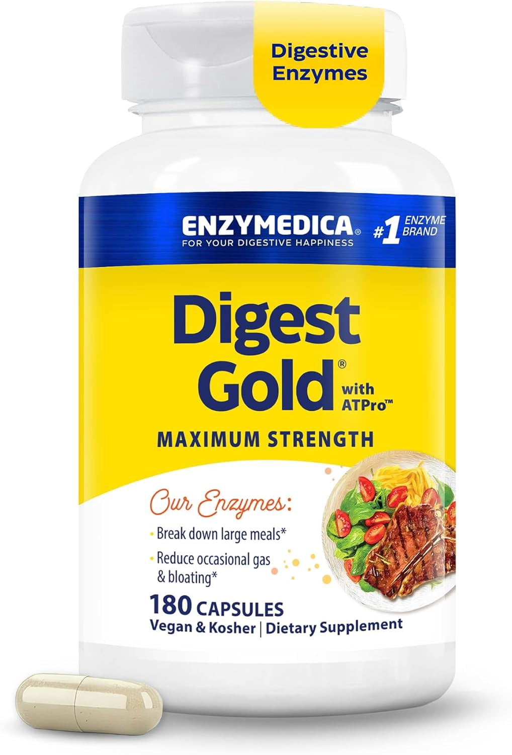 Enzymedica, Digest Gold with ATPro, Daily Digestive Support Supplement with Enzymes and ATP, 180 Capsules