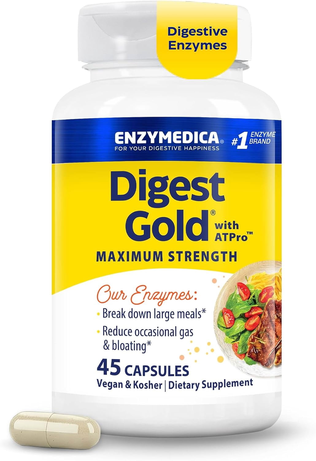 Enzymedica Digest Gold + ATPro, Maximum Strength Enzyme Formula, Fast-Acting, Helps Digest Large Meals, Prevents Bloating and Gas, 45 Capsules