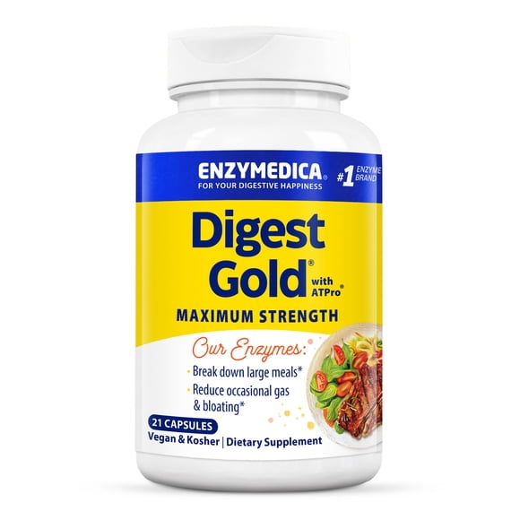 Enzymedica Digest Gold + ATPro, Maximum Strength Enzyme Formula, Fast-Acting, Helps Digest Large Meals, Prevents Bloating and Gas, 21 Capsules
