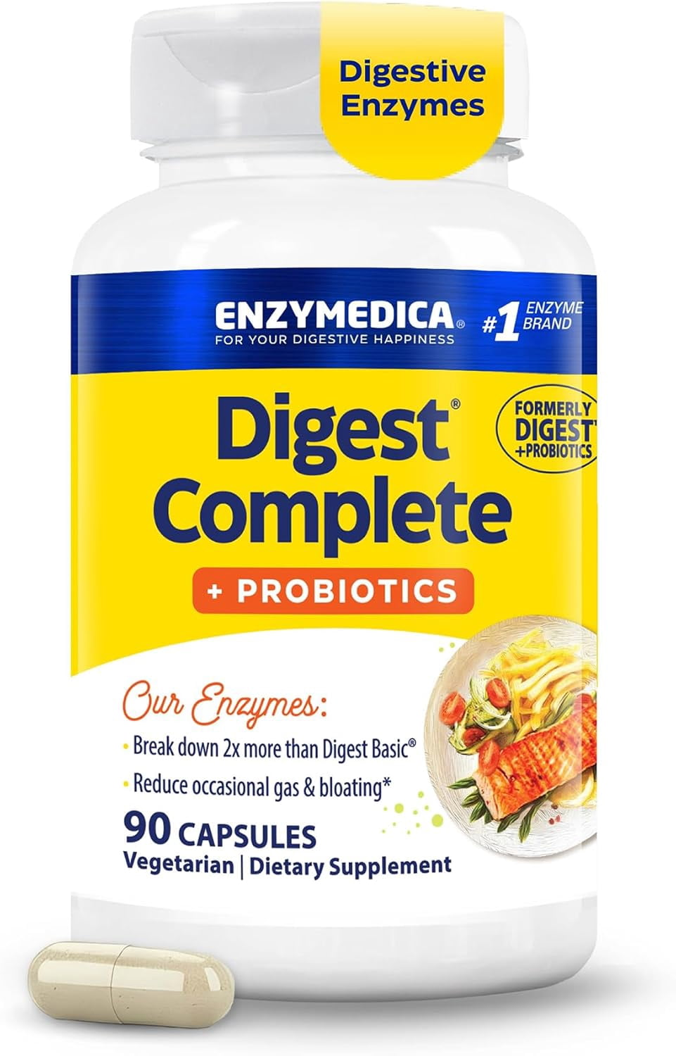 Enzymedica, Digest Complete + Probiotics, Full-Range, Everyday Enzymes with 800 Million CFU Active Cultures per Capsule, 90 Capsules