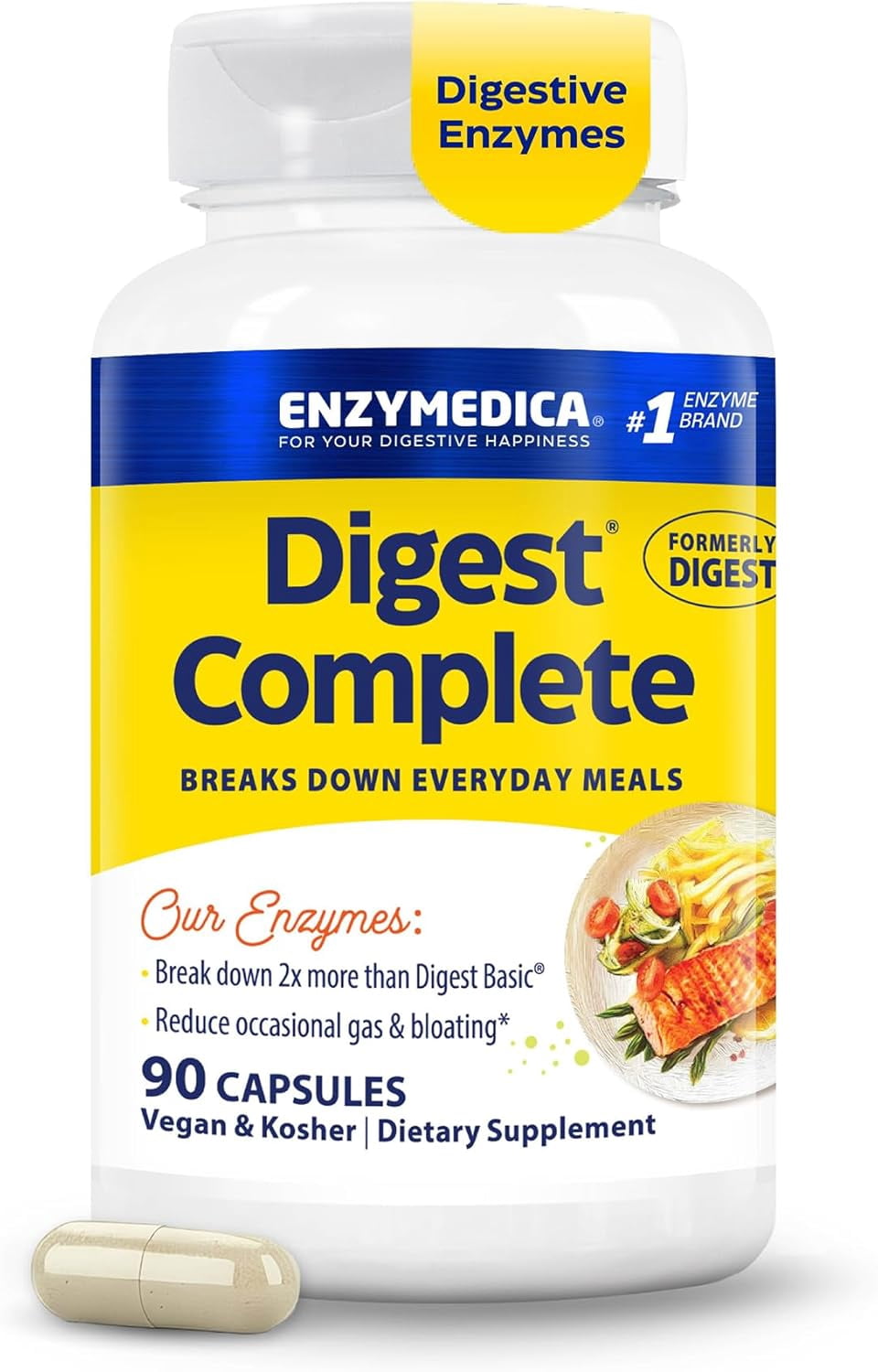 Enzymedica Digest Complete, Digestive Enzyme Supplement for Men & Women, Support for Gut Health, Eases Gas & Bloating, Vegan & Kosher- 90 Capsules