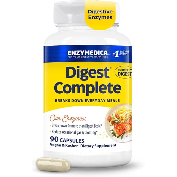 Enzymedica Digest Complete, Digestive Enzyme Supplement for Men & Women, Support for Gut Health, Eases Gas & Bloating, Vegan & Kosher- 90 Capsules