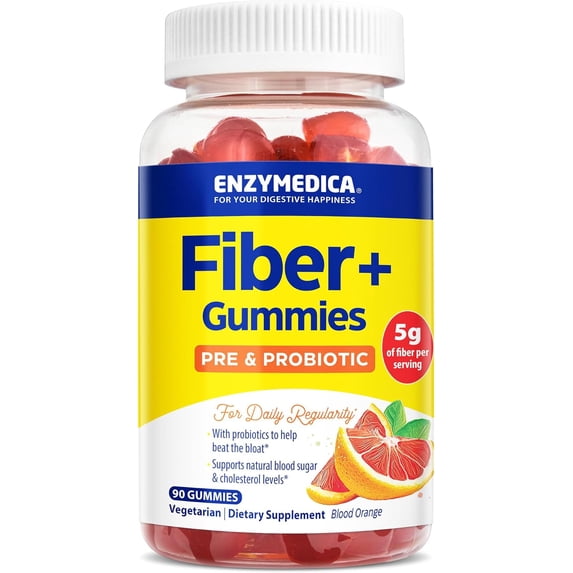 Enzymedica Fiber+ Gummies with Prebiotics & Probiotics for Daily Regularity, Vegetarian, 5g Fiber, Natural Fiber Supplement, Blood Orange Flavor, 90 count
