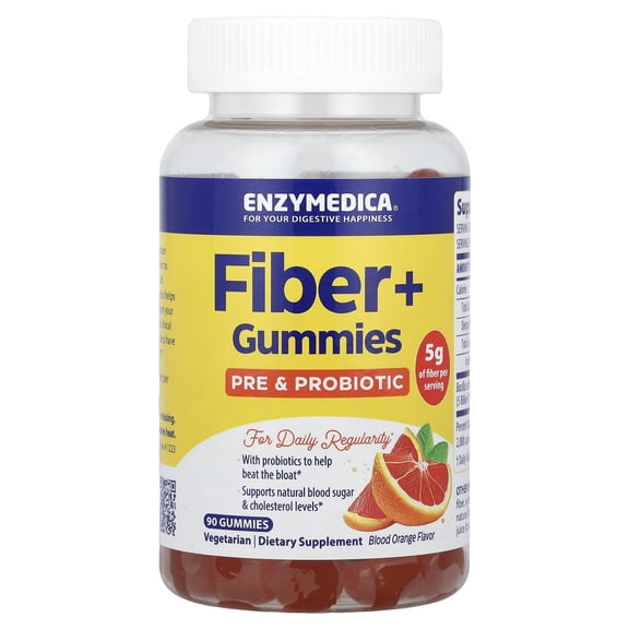 Enzymedica Fiber+ Gummies with Prebiotics & Probiotics for Daily Regularity, Vegetarian, 5g Fiber, Natural Fiber Supplement, for Men & Women, Blood Orange Flavor, 90 count