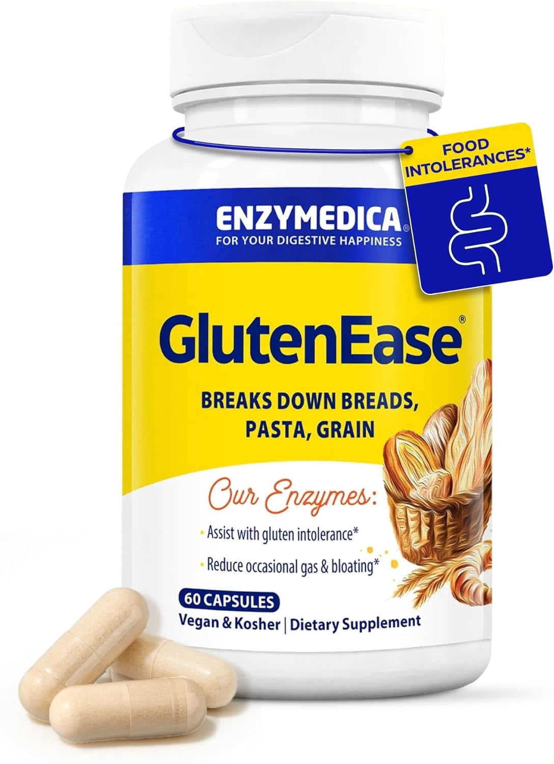 Enzymedica GlutenEase, Advanced Digestive Enzymes for Women and Men, Fast-Acting Formula for Bloating Relief & Digestive Health, Helps Break Down Gluten & Casein, 60 Capsules