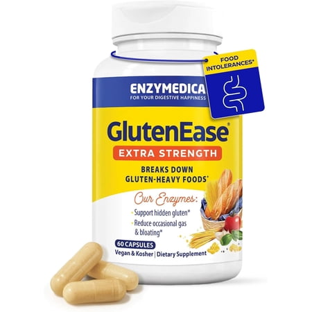 Enzymedica GlutenEase Extra Strength, Advanced Gluten Digestive Enzymes for Women and Men, Fast-Acting Formula for Bloating Relief & Digestive Health, 60 Capsules