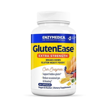 Enzymedica GlutenEase Extra Strength, Advanced Gluten Digestive Enzymes for Women and Men, Fast-Acting Formula for Bloating Relief & Digestive Health, 30 Capsules