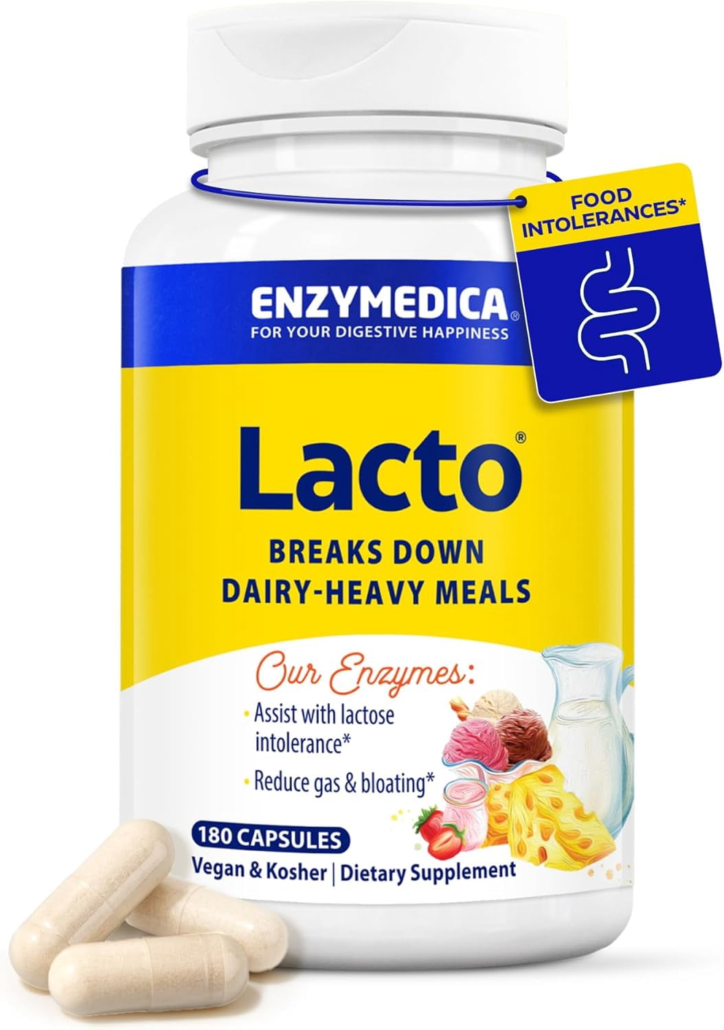 Enzymedica Lacto, Digestive Enzymes for Complete Dairy Digestion, Offers Fast-Acting Gas & Bloating Relief, Standard Packaging, 180 Count