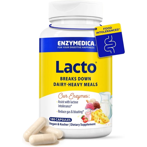 Enzymedica Lacto, Digestive Enzymes for Complete Dairy Digestion, Offers Fast-Acting Gas & Bloating Relief, Standard Packaging, 180 Count