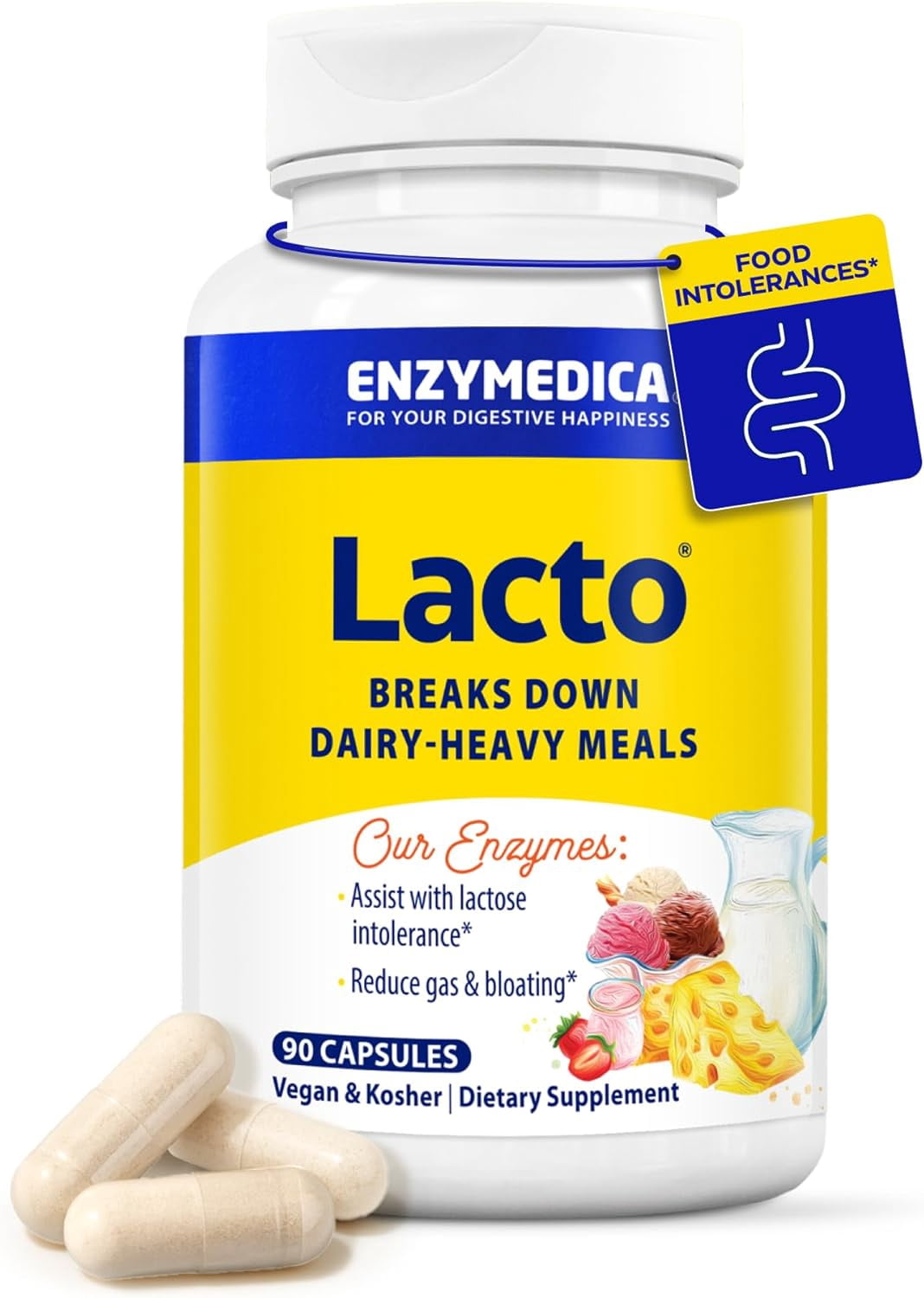 Enzymedica Lacto, Digestive Enzymes for Complete Dairy Digestion, Offers Fast-Acting Gas & Bloating Relief, 90