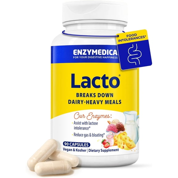 Enzymedica Lacto, Digestive Enzymes for Complete Dairy Digestion, Offers Fast-Acting Gas & Bloating Relief, 90