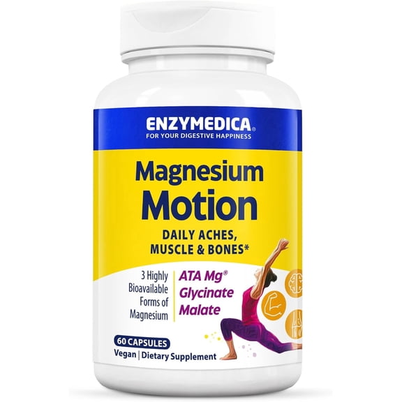 Enzymedica Magnesium Motion Supplement for Women & Men, Triple Magnesium Complex, ATA Mg, Malate & Glycinate, Vegan, Gluten Free, 60 Capsules