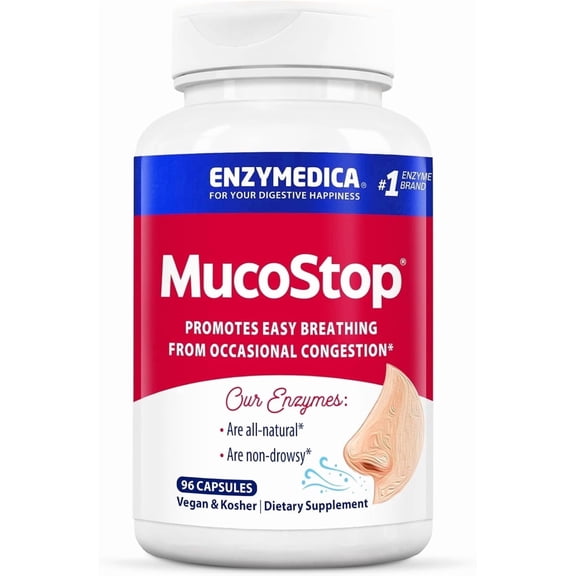 Enzymedica, MucoStop, Non-Drowsy Enzyme Support for Occasional Congestion Relief, 96 Capsules