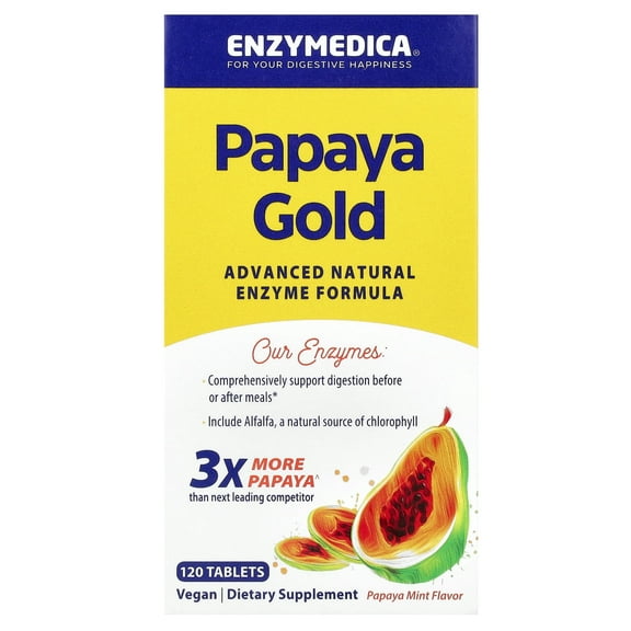 Enzymedica Papaya Gold, Advanced Digestive Enzymes with Natural Organic Papaya & Chlorophyll for Comprehensive Digestion Support, High Potency Bromelain & Papain, Vegan, Mint, 120 Chewable Tablets