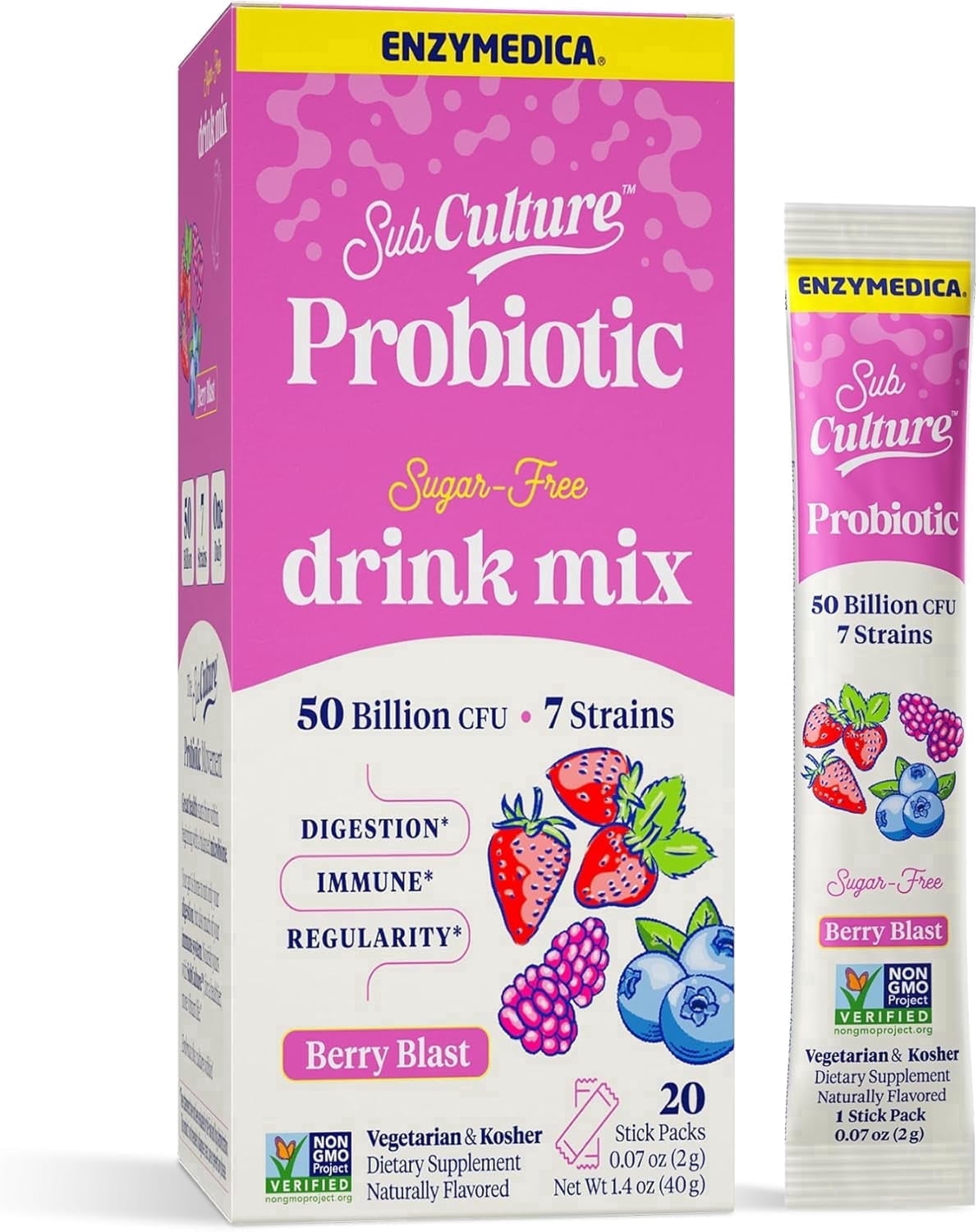 【新品未開封】1箱60包SLIMBEAUTYHOUSE ENZYMEFLORA Enzymedica SubCulture Berry Blast Probiotic Powder, 20 Stick Packs