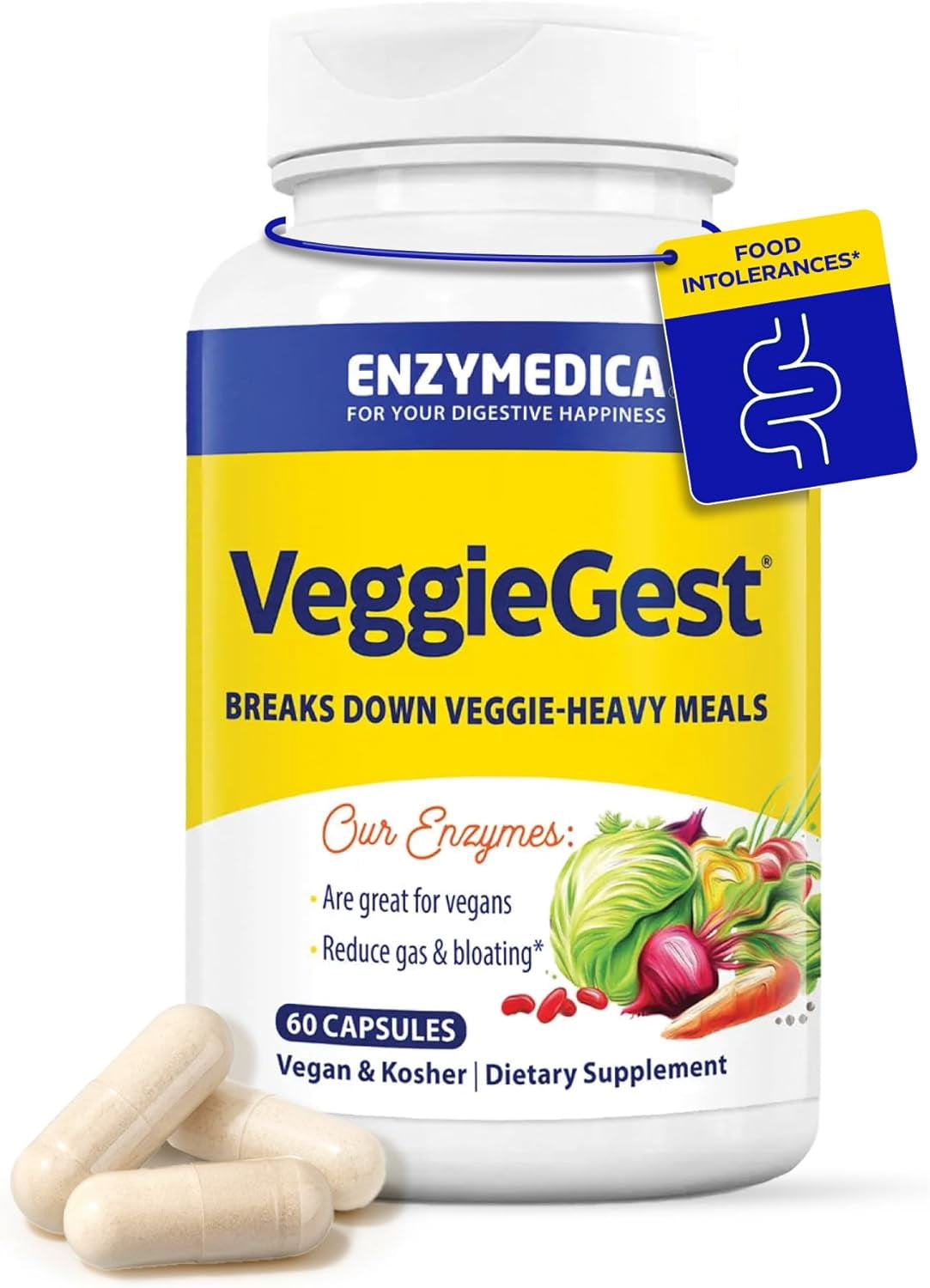 Enzymedica VeggieGest, Digestive Enzymes, Supports Occasional Gas & Bloating Relief from High Fiber, Vegan & Vegetarian Diets, 60 Capsules