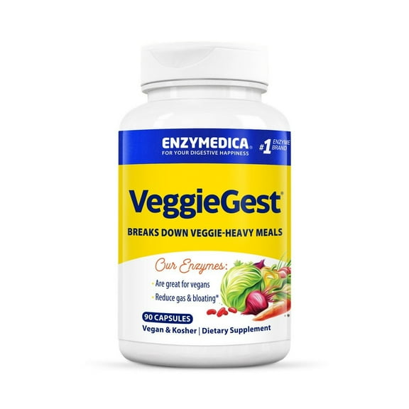 Enzymedica, VeggieGest, Promotes Digestion of Vegetables, Beans and Grains to Help Reduce Occasional Gas and Bloating, Vegan, Kosher, Non-GMO, 90 Capsules (90 Servings)