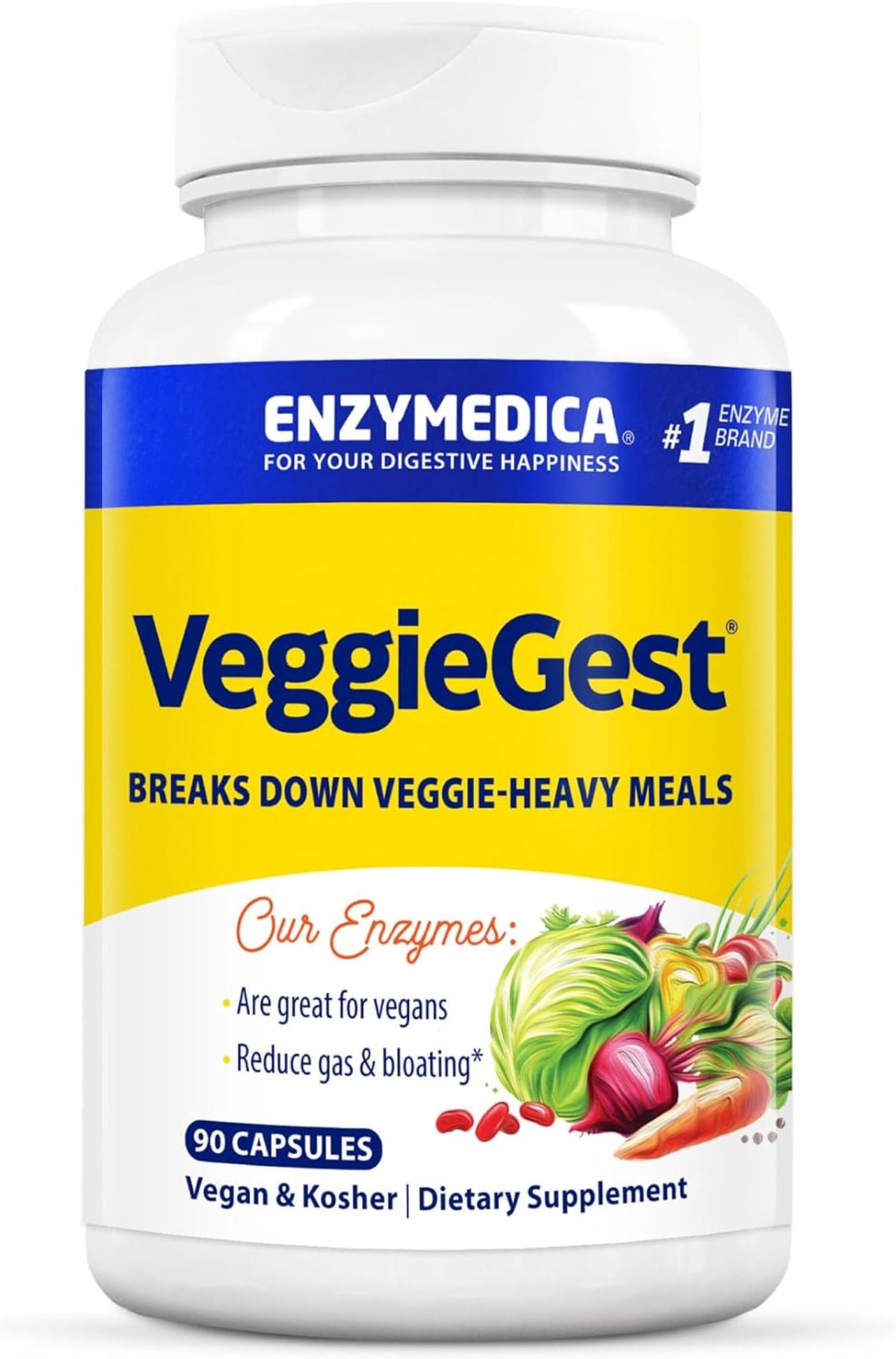 Enzymedica VeggieGest, Digestive Enzymes for Vegan, Vegetarian and Raw Diets, Prevents Gas and Bloating, 90 Capsules