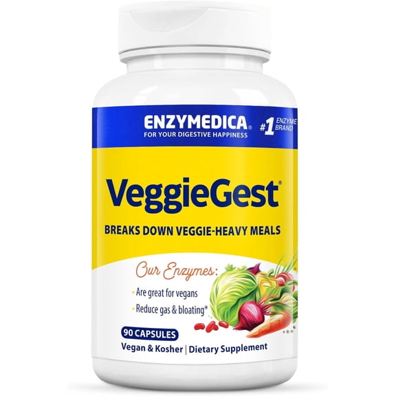 Enzymedica VeggieGest, Digestive Enzymes for Vegan, Vegetarian and Raw Diets, Prevents Gas and Bloating, 90 Capsules