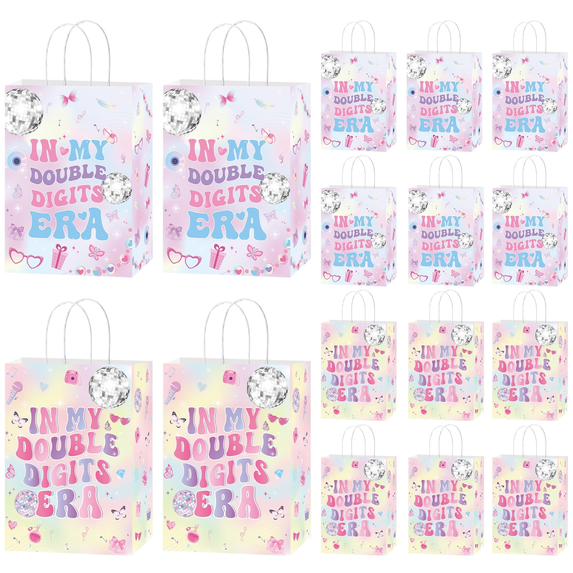 EoBeCy 16 Pcs 10th Bithday Party AIS1Favor Bags, Iridescent In My Double Digits Era Goodie Treat Candy Gift Bags with Handles for Girls 10 Year Old Birthday Party Supplies Decorations