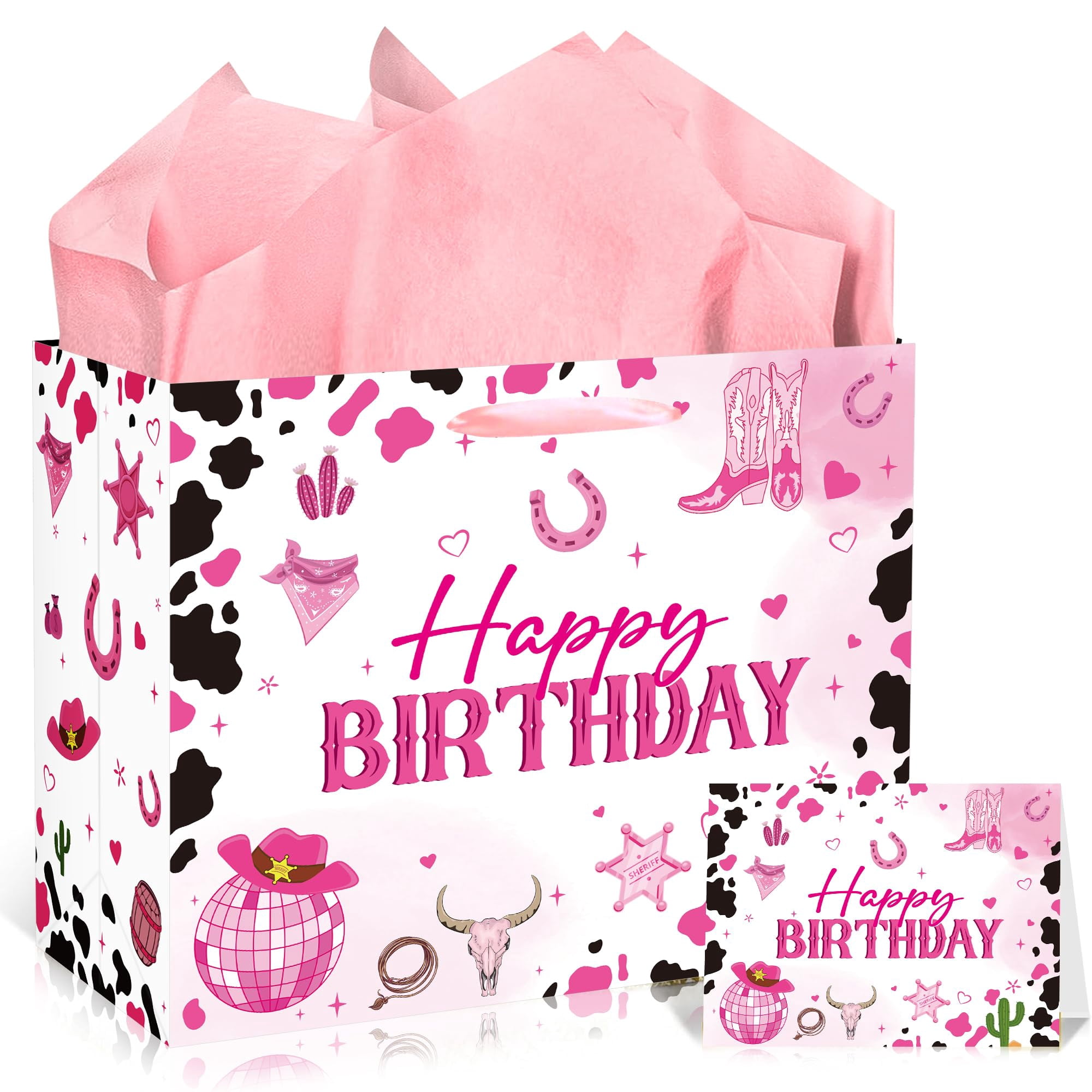 Happy Birthday Gift Bag Set - Pink Bow Design With Tissue Paper & Card For Girls & Women